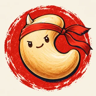 The Cashew Games mascot, a cashew with a red headband and a little oni horn