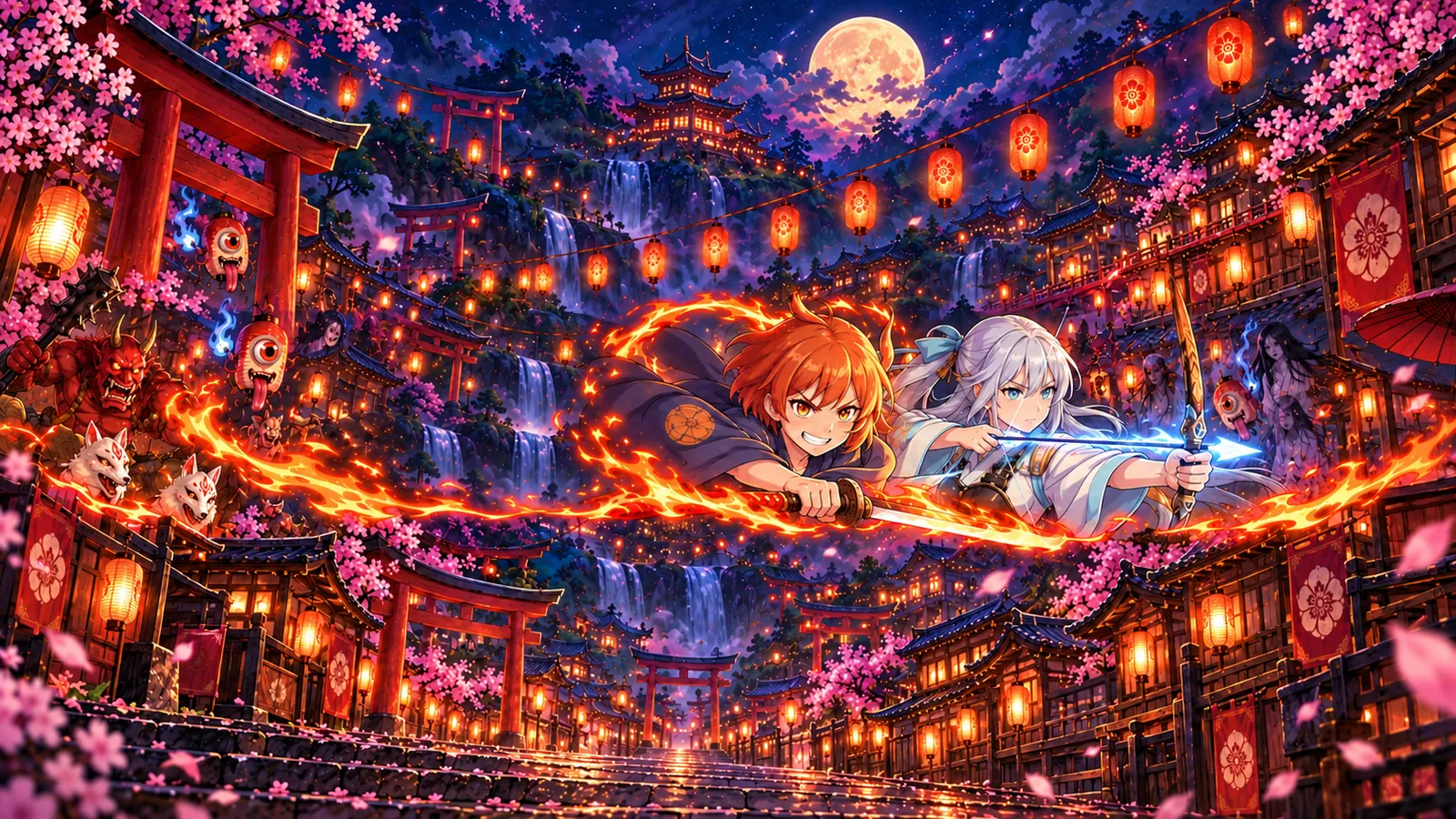 Two Hyakki Rush heroes, a katana fighter and an archer, leap through a night festival of lanterns, torii gates and yokai